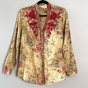 Vintage Joa Women Long Sleeve Semi Sheer Embroidered Floral Blouse SMALL Tan Red